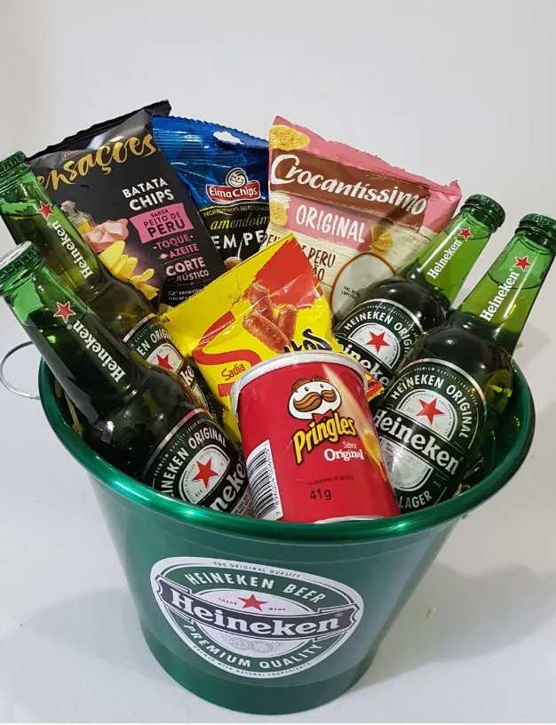 Balde Green Heineken com Petiscos - Cerveja, Balde Personalizado, Petiscos, Presente