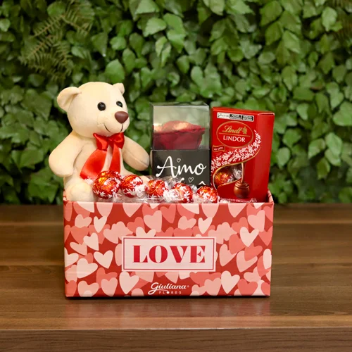 Rosa Encantada Vermelha e Urso - Box Love